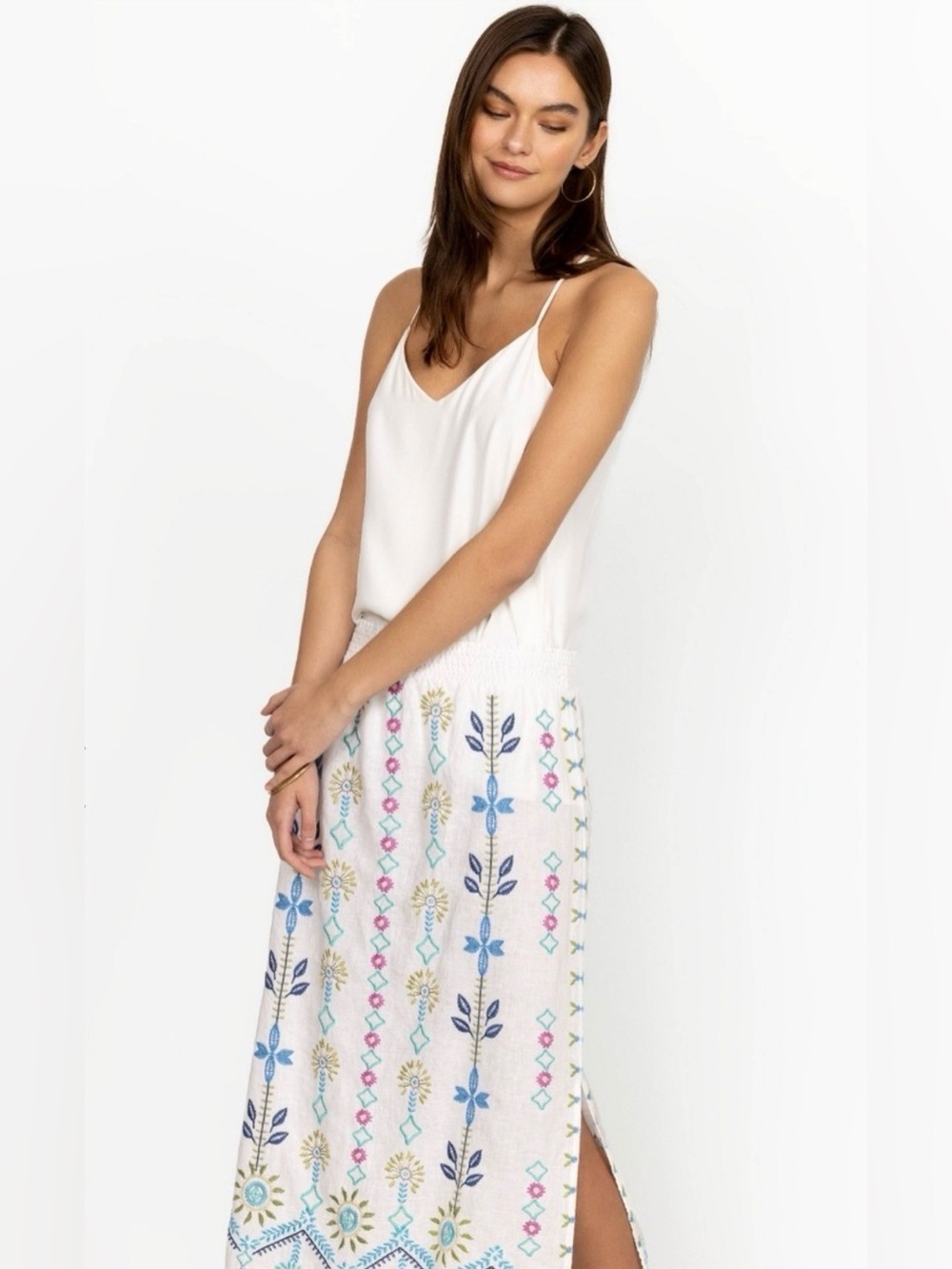 Johnny Was Oriel High Slit Linen Maxi Skirt with Multicolor Floral Embroidery